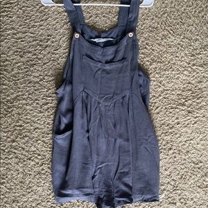 Navy Blue Linen-Style Romper with Front Pocket
